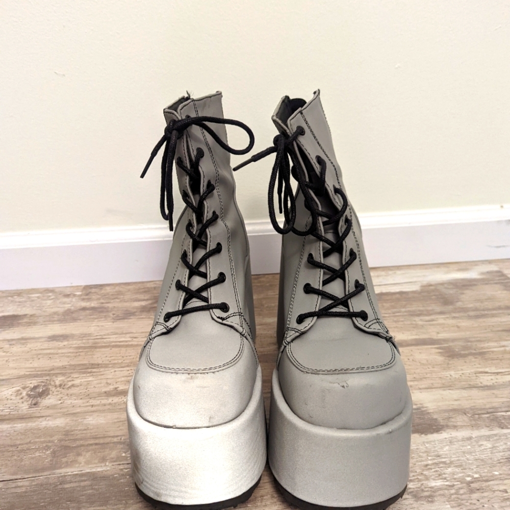 Demonia Cult Reflective Silver Platform Boots